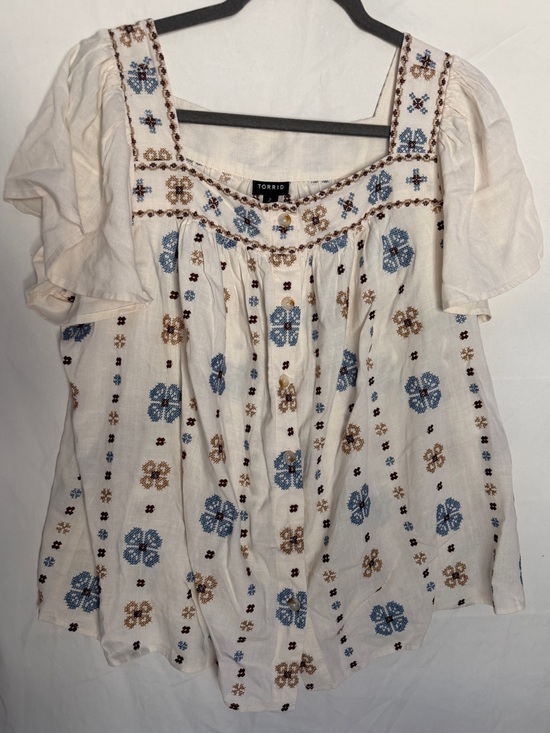 torrid Tops - torrid Cream Peasant Blouse with Blue & Brown Embroidery. 2X LIKE NEW